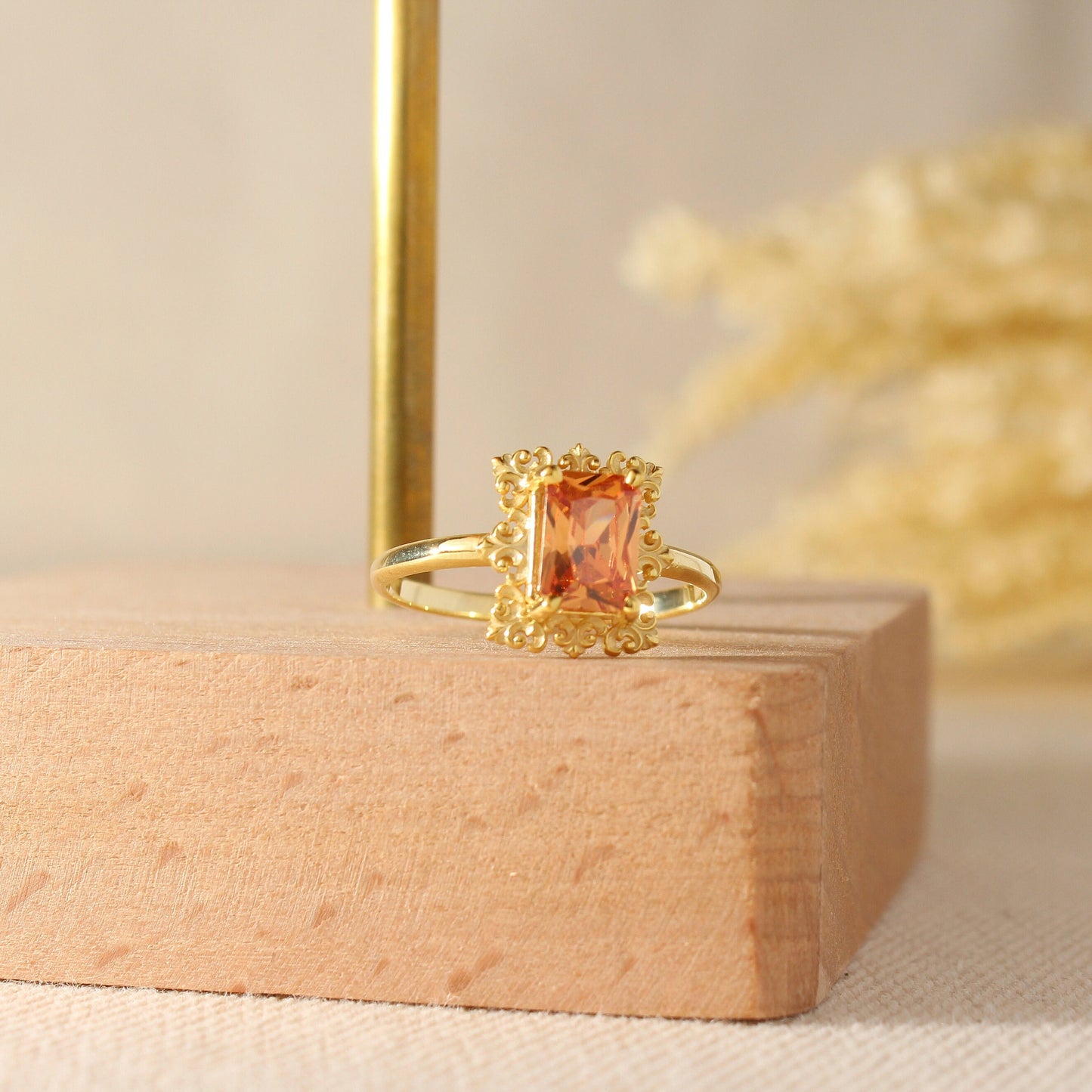 14K Gold Orange Topaz Ring – Emerald Cut Birthstone Jewelry