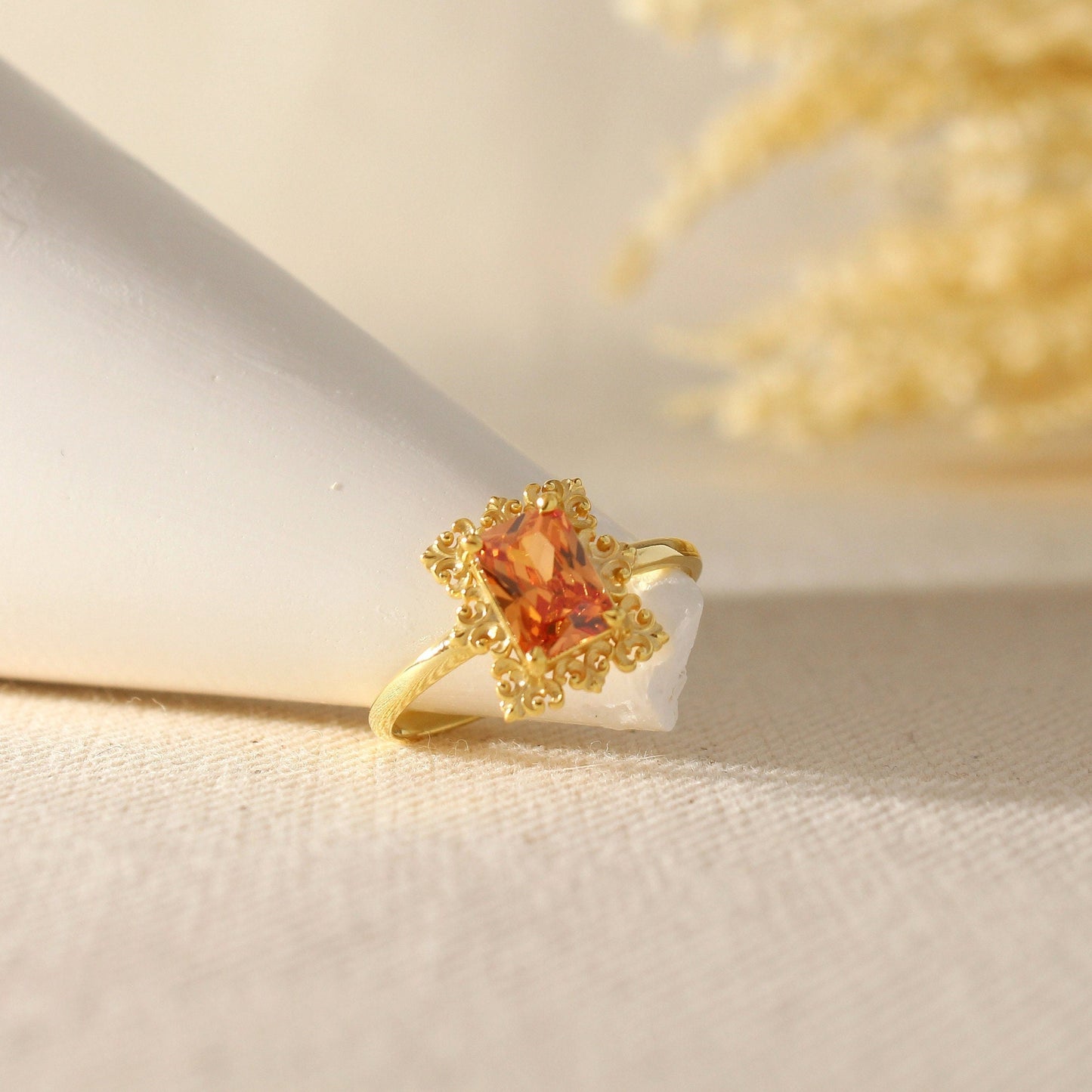 14K Gold Orange Topaz Ring – Emerald Cut Birthstone Jewelry