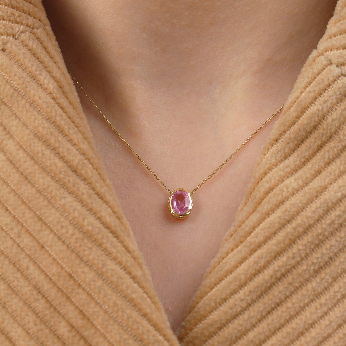 Pink Sapphire Pendant Necklace – 14K Solid Gold