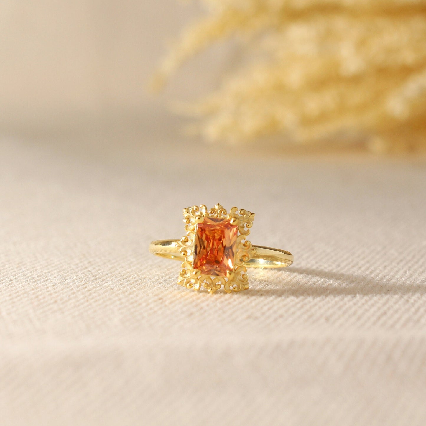 14K Gold Orange Topaz Ring – Emerald Cut Birthstone Jewelry