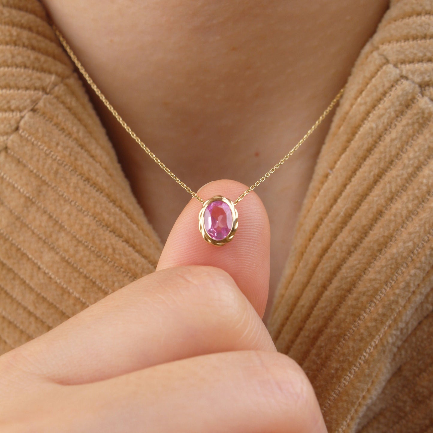 Pink Sapphire Pendant Necklace – 14K Solid Gold