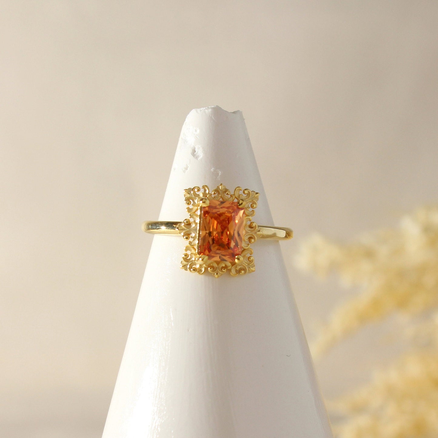 14K Gold Orange Topaz Ring – Emerald Cut Birthstone Jewelry
