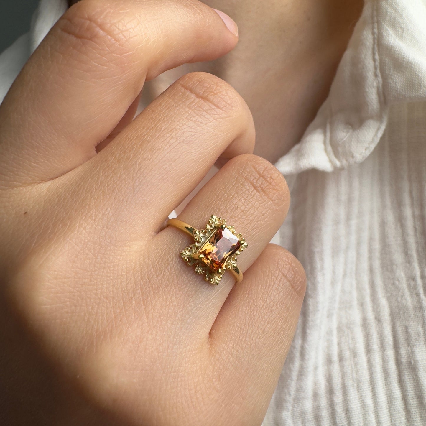 14K Gold Orange Topaz Ring – Emerald Cut Birthstone Jewelry