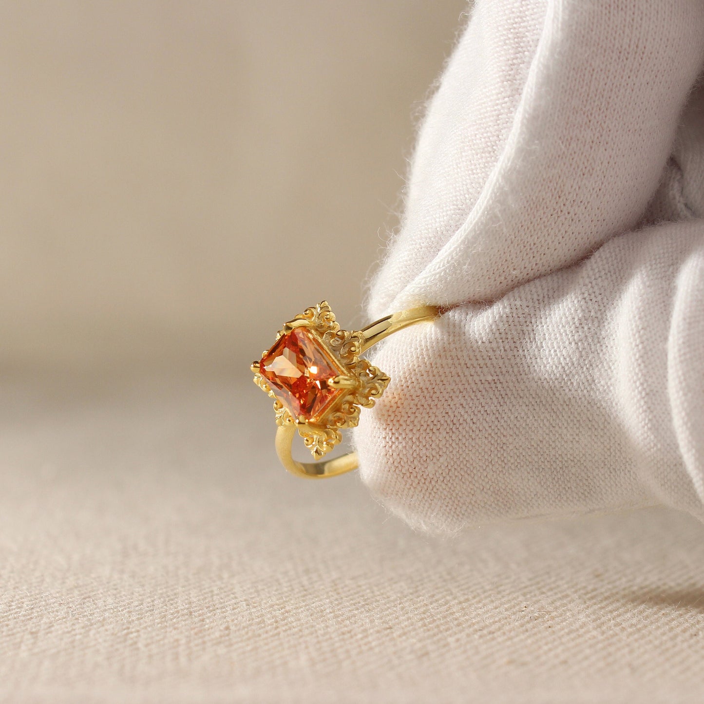 14K Gold Orange Topaz Ring – Emerald Cut Birthstone Jewelry