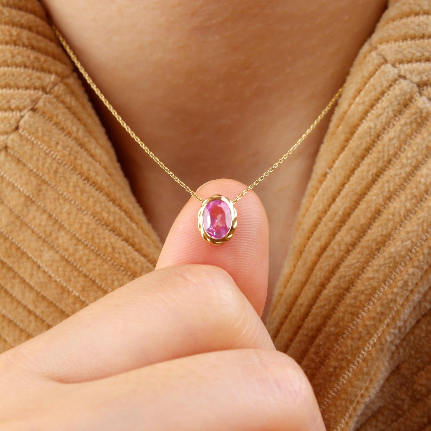 Pink Sapphire Pendant Necklace – 14K Solid Gold