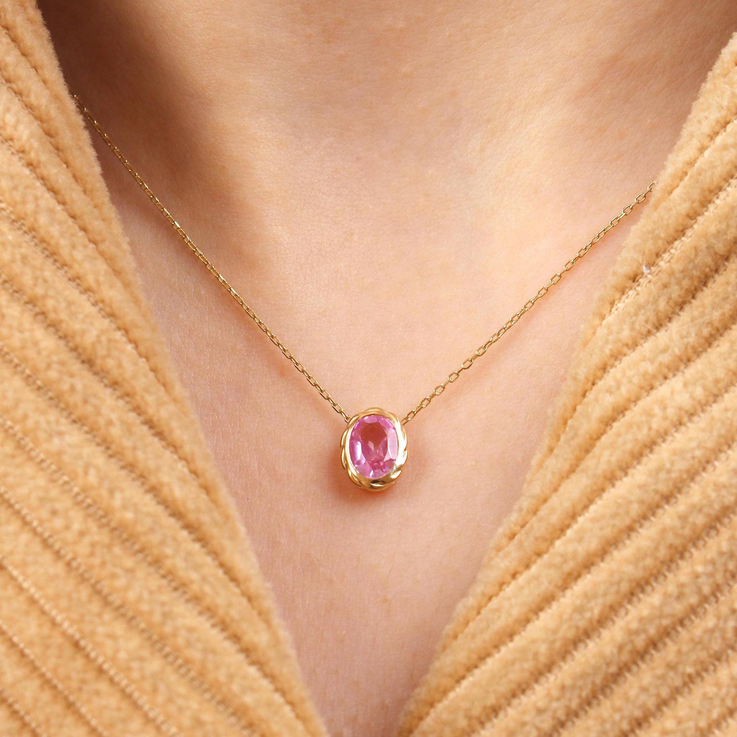 Pink Sapphire Pendant Necklace – 14K Solid Gold