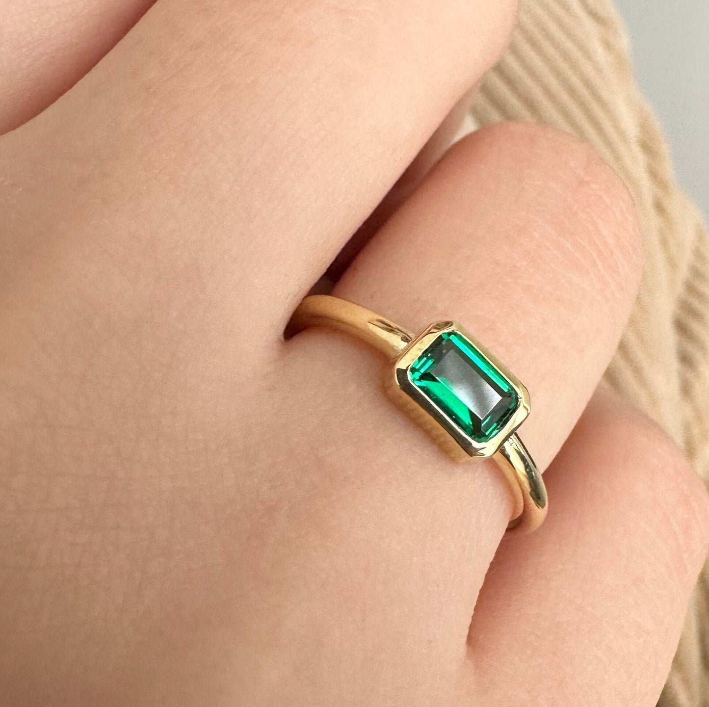 Dainty Emerald Baguette Stackable Ring – 14K Solid Gold