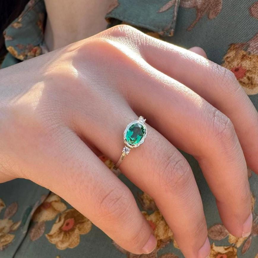 Elegant Oval Emerald Statement Ring: Gold/Silver Cocktail Jewelry for Engagement, Special Occasions Ships Fast for Mother’s Day